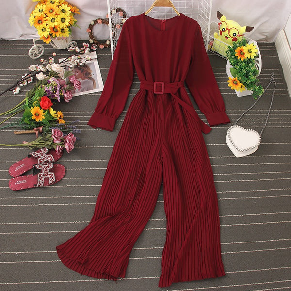 Elegant round neck, long sleeves, waistband, tie up for slimming, pleated wide leg long pants, jumpsuit for women