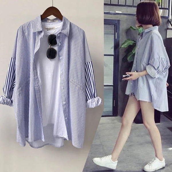 Fashion Mid Length Striped Women's Long Sleeve Shirt