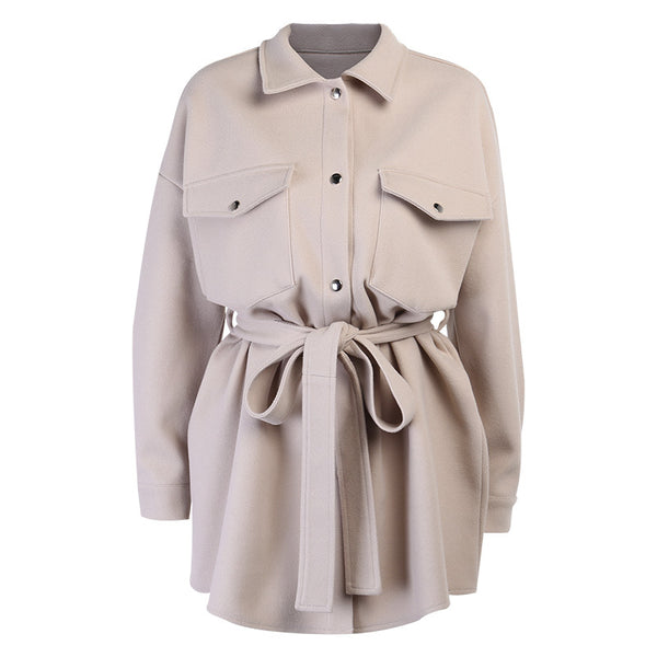 Street Fashion Women's Waist Woolen Coat