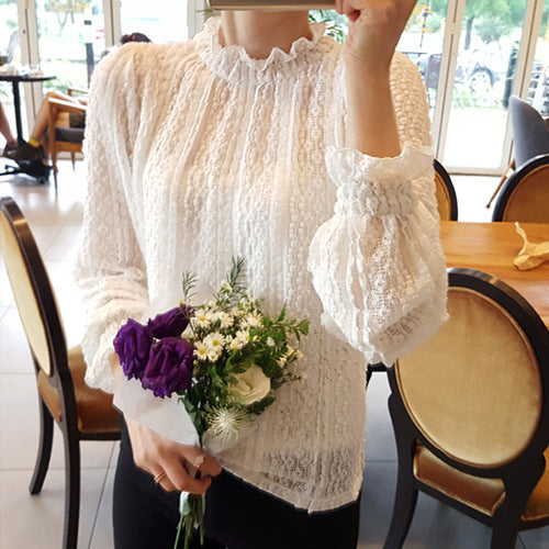 Pure Color Net See-through Sweet Lace Long-sleeved Bottoming Lace Shirt For Women