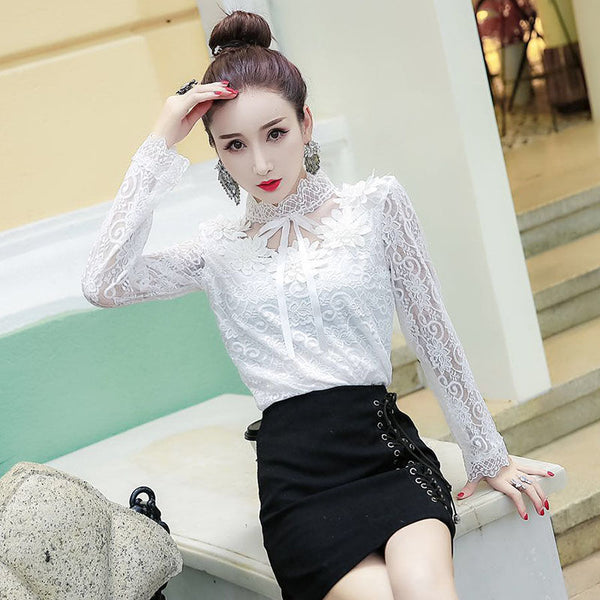 Women Shirts Lace Long Sleeve Blouse Bow Sweet Floral Hollow Lace Blouses Shirt Female Mesh Blusas Spring Women Tops X01F