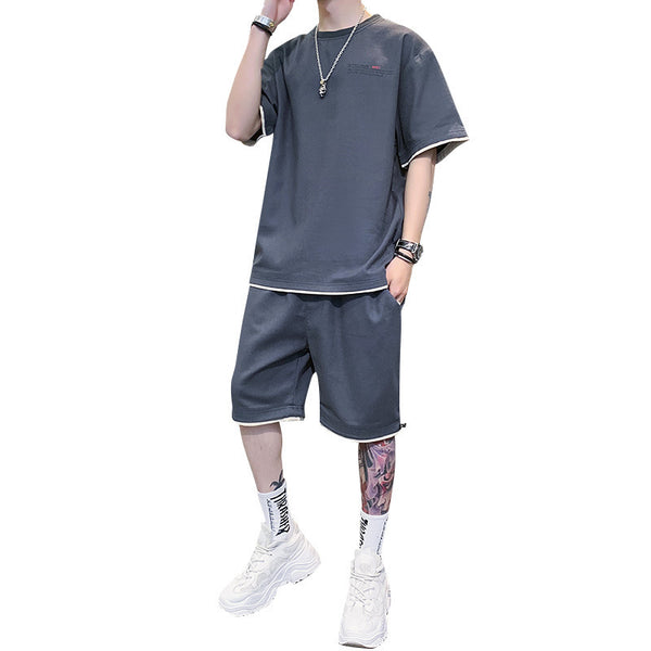 Summer Fashion Trend Men's Solid Color Cotton Short-sleeved Shorts Two-piece Suit