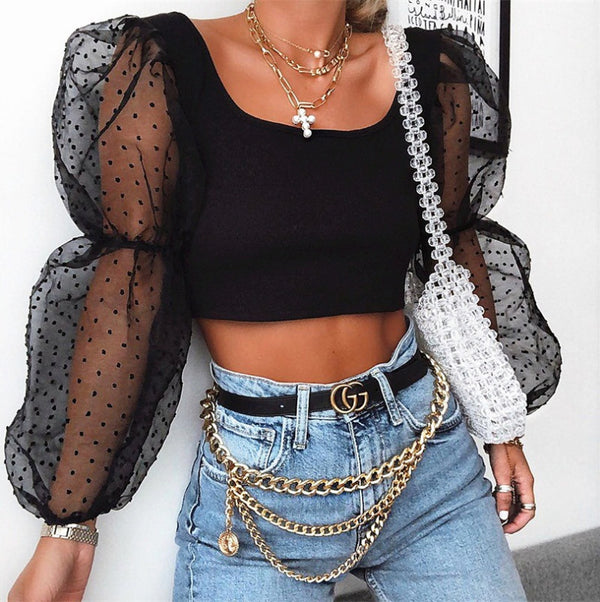 Women's mesh splicing long sleeve top