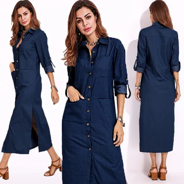 New Blue Summer Dress Women Fashion Elegant Vintage Shirt Dress