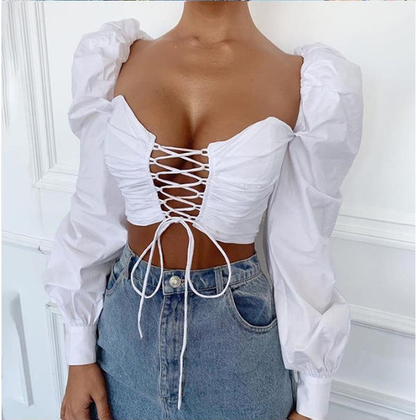 long sleeve deep V chest strap top