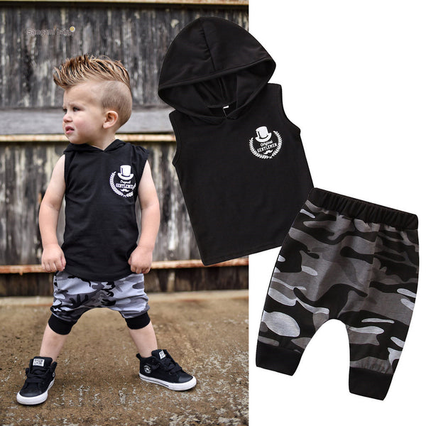 two PCS Toddler Kids Baby Boy Sleeveless Hooded Clothes T-shirt Tops Camo Pants Outfits