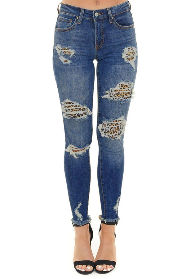 Women's Dark Blue Leopard Print Distressed Washed Skinny Jeans