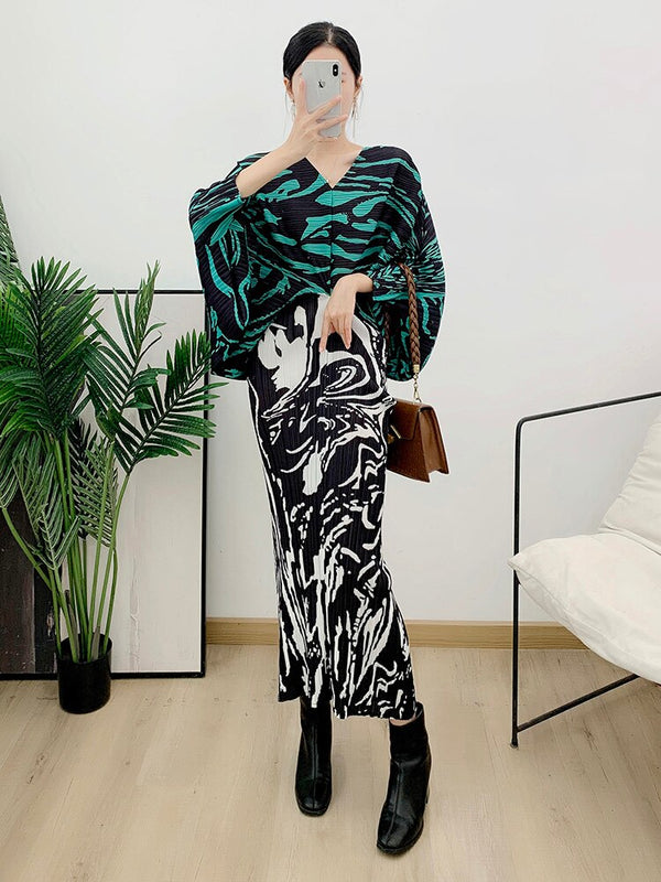 Elegant Printed Pleated Dress V Neck Batwing Sleeve Party Dresses For Women Spring Fashion Clothing