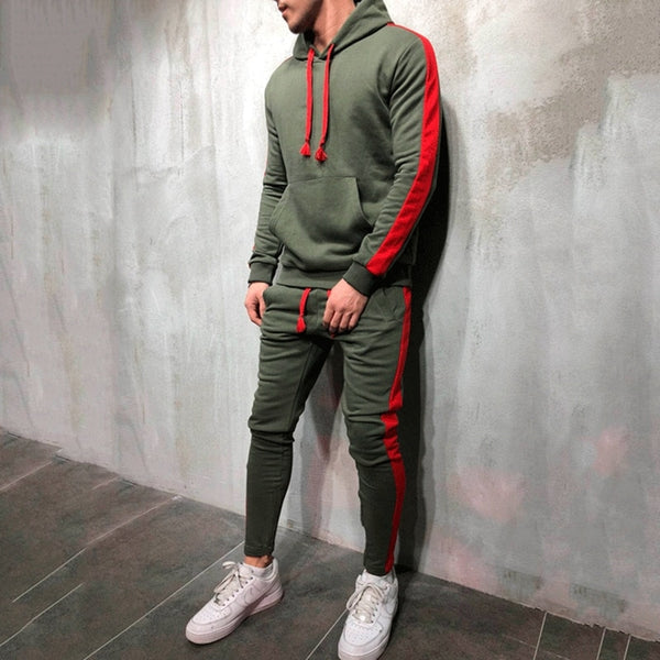 two Pieces Sets Men Tracksuit Hooded Sweatshirt +Drawstring Pants Male Stripe Patchwork Hoodies