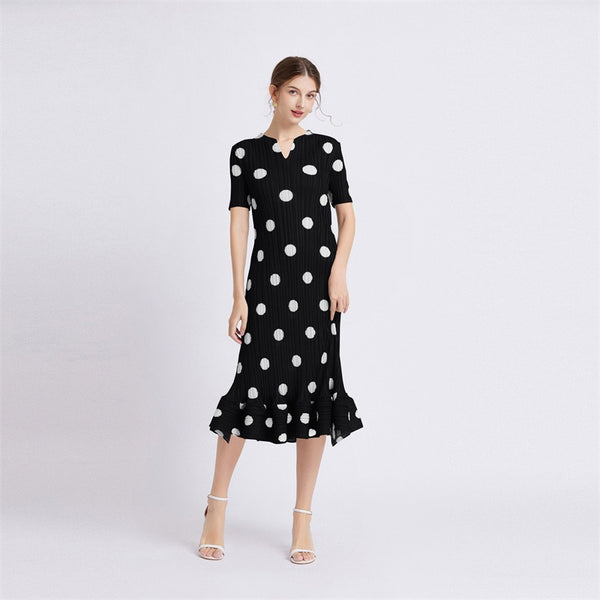 Dress for women with polka dot print, elegant, loose, slim, short-sleeved, summer pleated A-line skirt