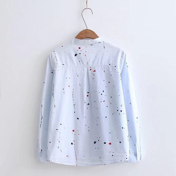 Simple and thin loose graffiti printing stand collar long sleeve shirt women