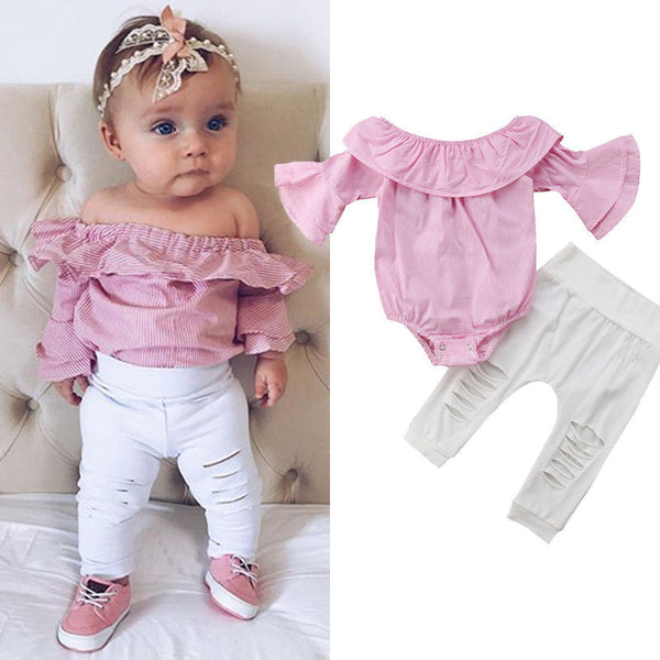 Two PCS Baby Girls Clothing Set Girls Off Shoulder Romper +White Ripped Jeans Pants Infant Pink Outfits Newborn Clothes Sets