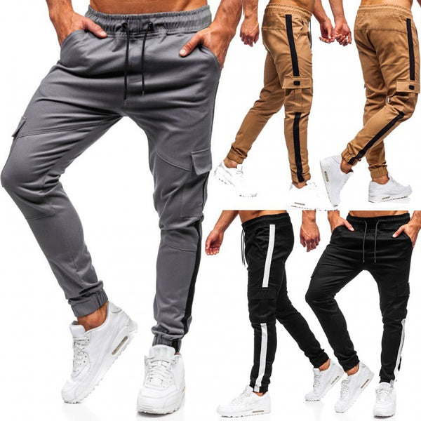 Men's Solid Color Flip Pocket Casual Tethered Straight Sports Pants