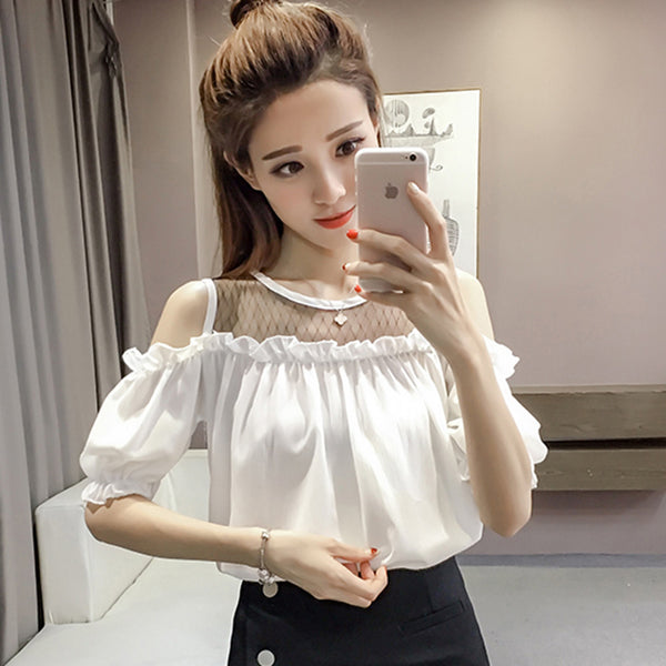 Off The Shoulder Mesh Lantern Sleeve Sexy Fashion Chiffon Shirt For Women