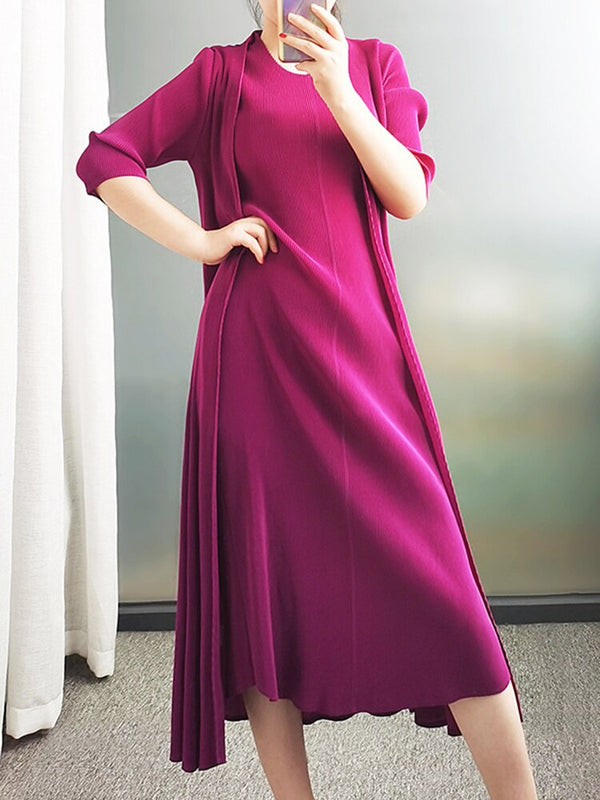 Pleated Sleeveless Dress With Long Coat Two Pieces Sets For Women Solid Color Summer Autumn Elegant Clothing