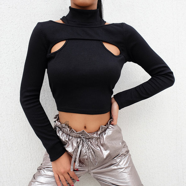 Careful Machine Design Sense Hollow Off-shoulder Bottoming Shirt Women's New Short Navel T-shirt Slim-fit Fake Two-piece Top