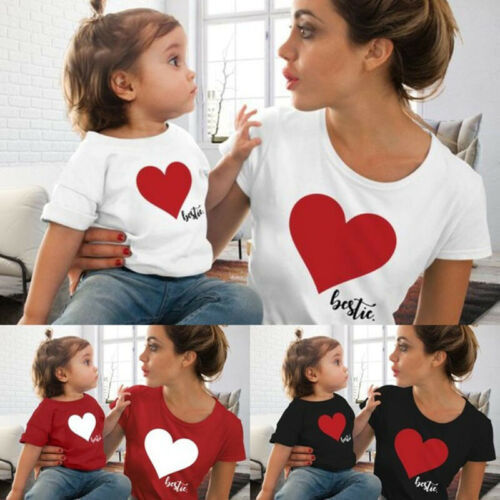 S-2XL Mom & Me T-Shirts Tops Family Matching Outfits Mother andDaughter Heart Printed Shirt T-shirts Family Clothes Top Tees