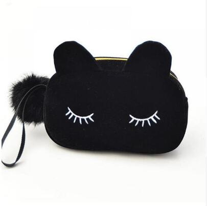 Portable Cartoon Cat Coin Storage Case Travel Makeup Flannel Pouch Cosmetic Bag Cases For Women Girls