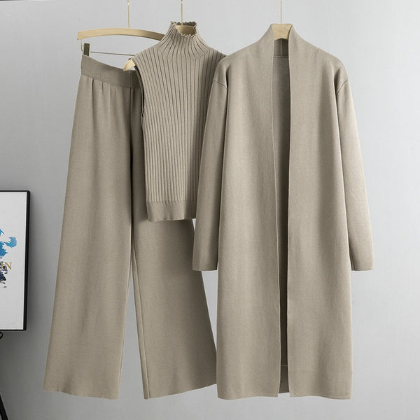 Loose knitted suit women's long shawl cardigan + turtleneck vest + wide-leg pants three-piece set