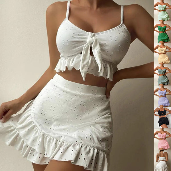 three pcs Beach Bikini With Hip-hugging Skirt Fashion Ruffle Design Swimsuit Set Summer Womens Clothing