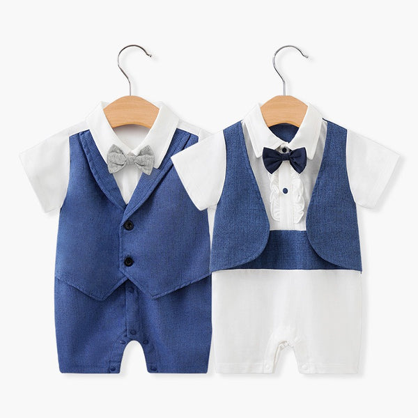 Newborn Baby Jumpsuit British Style Short Sleeved Male Baby Gentleman One Year Old Dress Baby Jumpsuit