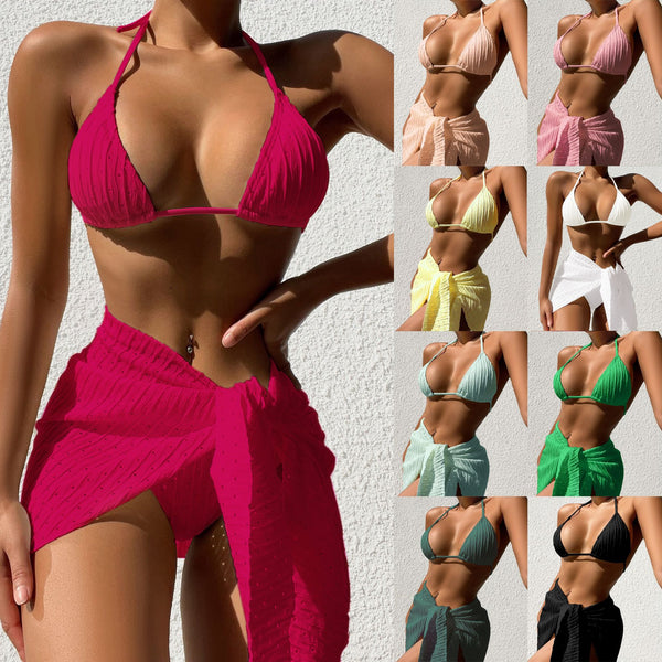 three pcs Halterneck Swimsuit Set Beach Solid Color Sexy Backless Bikini With Mesh Skirt Summer Womens Clothing