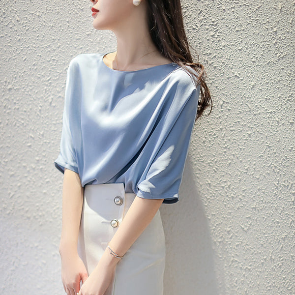 One Word Collar Half Sleeve Shirt Loose And Versatile  Silk Blouse