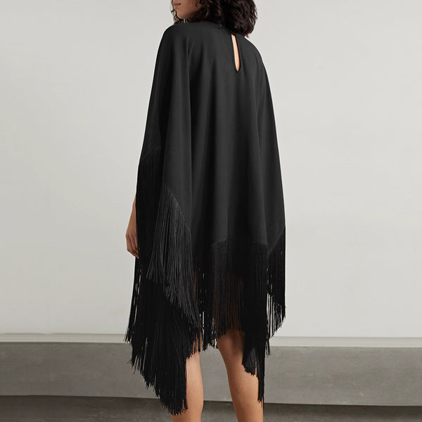 New Summer Black Tassel Loose Fringed High Neckline With A Scarf-Like Panel Solid Midi Dress Vestido For Women