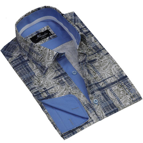 Beige Blue Paisley Mens Slim Fit Designer French Cuff Shir.t - tailored