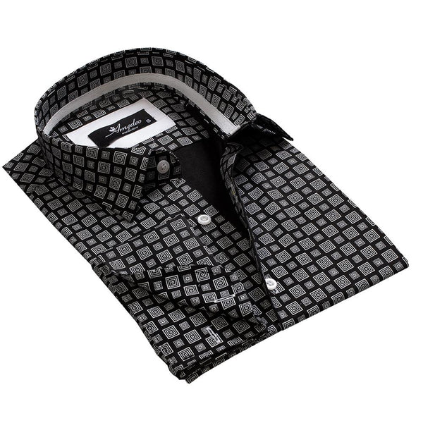 Black Grey Squares Mens Slim Fit French Cuff Shirts with Cufflink