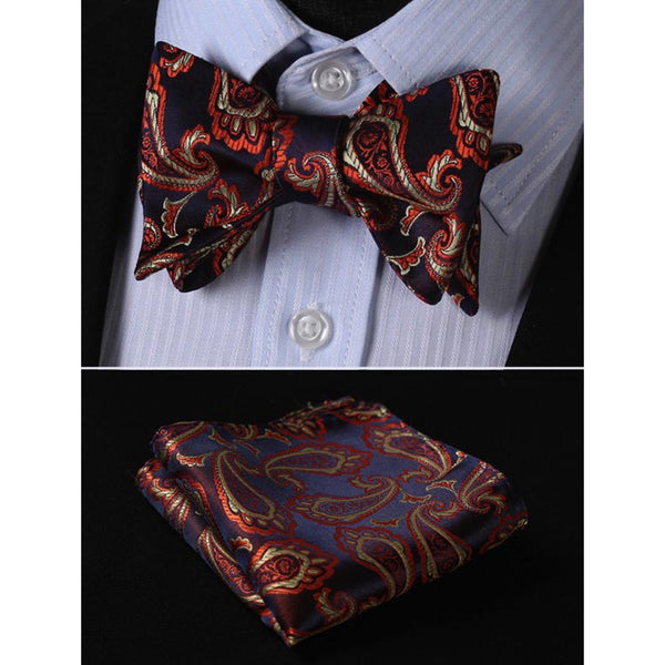 Black & Orange Paisley Mens Silk Self tie Bow Tie with Pocket Squares