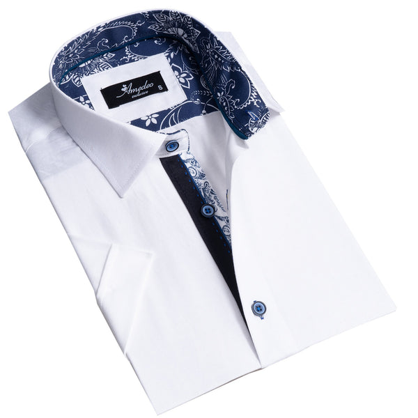 Solid White Mens Short Sleeve Button up Shirts - Tailored Slim Fit