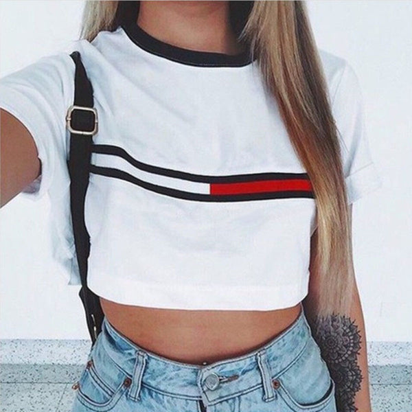 short crop top for women fashion o neck sexy female t shirt short sleeve printed party women t shirt top