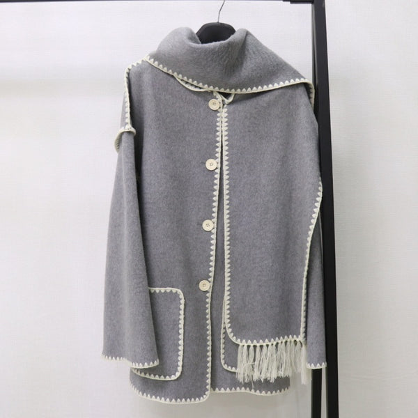 Embroidered Tassel Woven Scarf Knitted Loose Woolen Coat Women