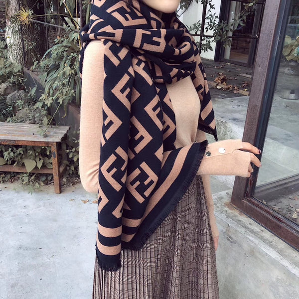 Letters Print Twill Scarves Women Winter Thick Warm Wool Scarf