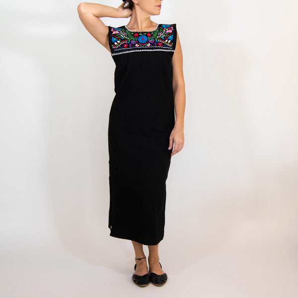 Maxi Isidra, Black Dress Hand embroidered with Colorful Flowers.