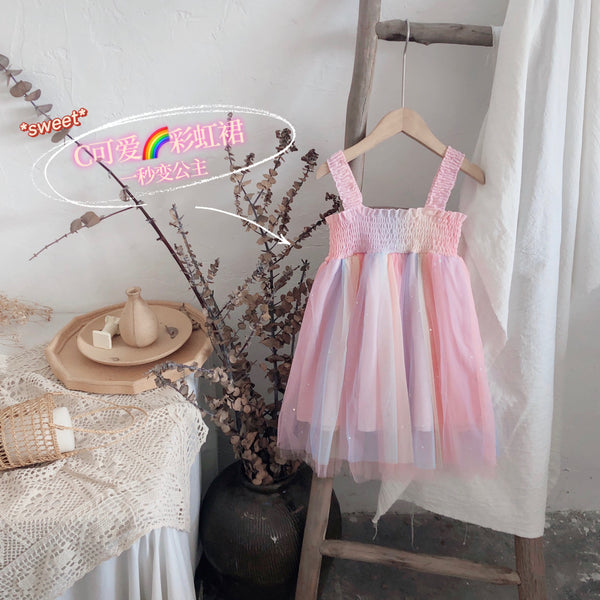 Girls Korean Style Skirt Rainbow Mesh Suspender Skirt Children's Princess Dress Summer Dress