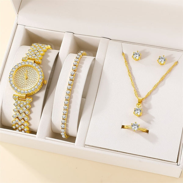 set fashionable diamond inlaid women's watch bracelet necklace ring earrings
