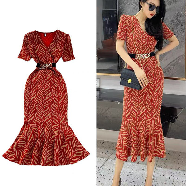 Women Designer Elastic V-Neck Slimy Midi Dress Elegant Sexy Summer Clothing Fashion Bodycon Mermaid With Belt