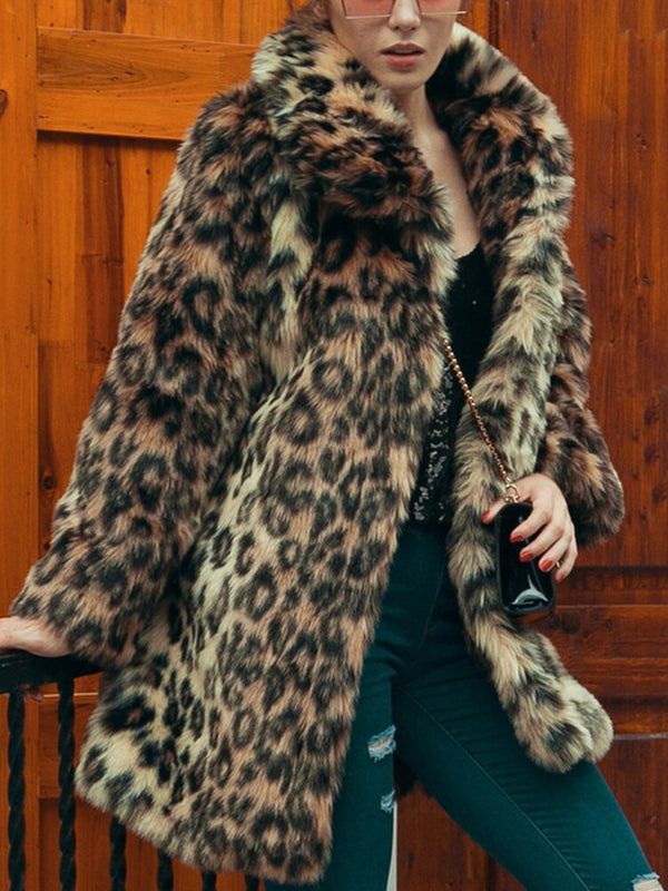 Leopard Print Faux Fur Coat Women 2023 Winter Long Sleeve Turn-down