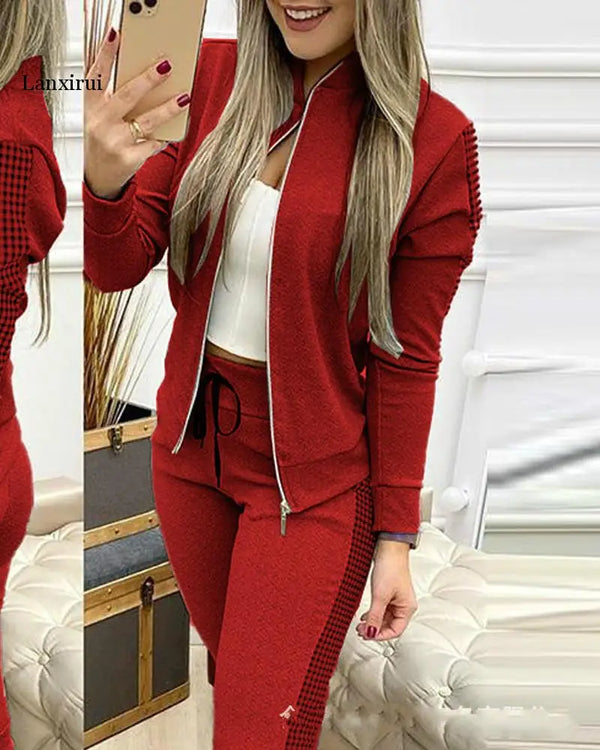 Two Piece Set Women Tracksuit Autumn Clothes Plaid Patchwork Hoodies