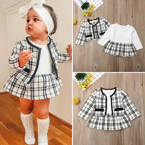 Two Pcs Autumn Winter Party Kids Clothes For Baby Girl Fashion Pageant Plaid Coat Tutu Dress Outfits Suit Toddler Girl Clothing Set