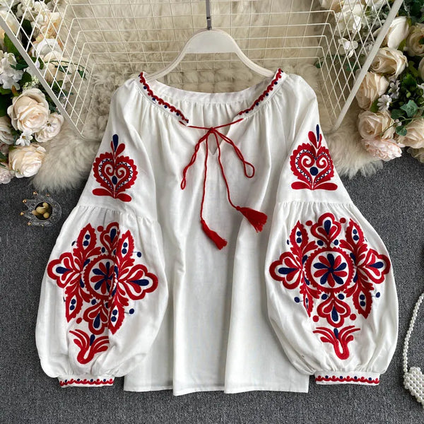 Women's Retro Blouse National Style Embroidered Lace-Up Tassel V-Neck