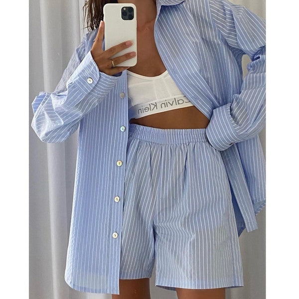 Loung Wear Women's Home Clothes Stripe Long Sleeve Shirt Tops And