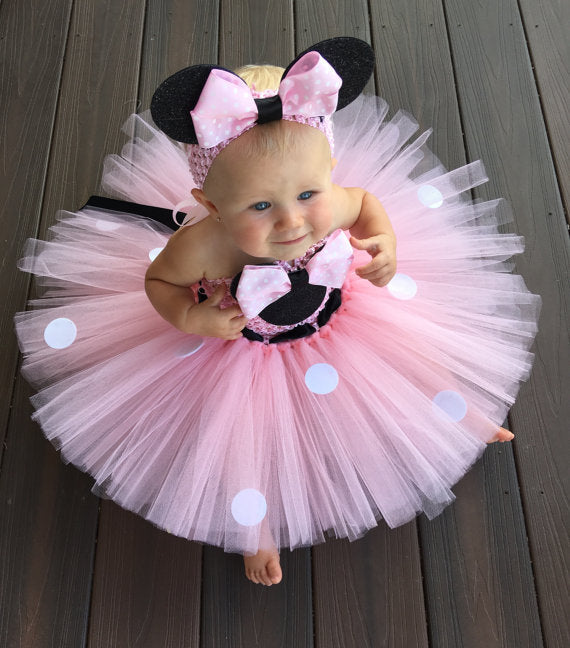 Lovely Girls Pink Cartoon Tutu Dress Baby Mickey Minnie Crochet Tulle