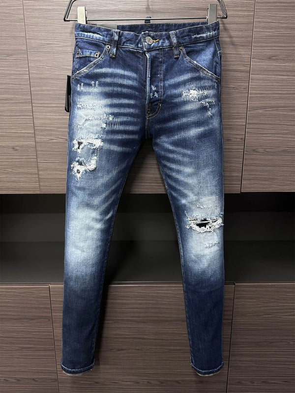 Men Jeans Denim Pants Hole Slim Pencil Trousers Metal Zipper Party Clothes Classics Fashionable Blue Skater Jeans Size 44-54