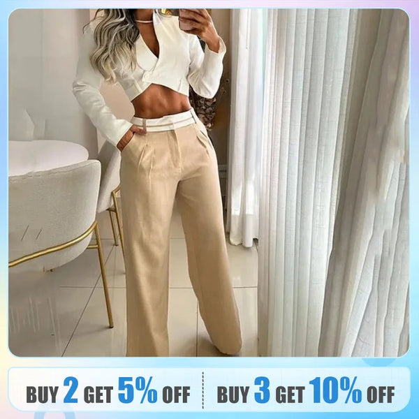 Autumn Women Two Piece Set Office Fashion Solid Long Sleeve Lapel High