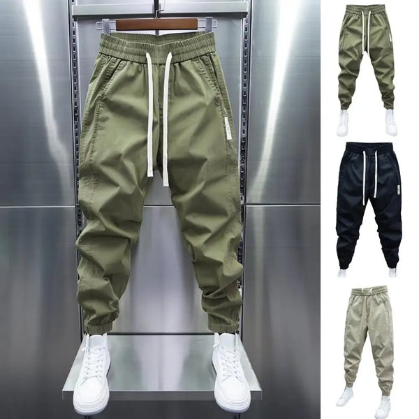 Men Mid-rise Harem Pants Comfortable Men's Drawstring Pants with Elastic Waist Pockets Soft Breathable Fabric for Ankle Length