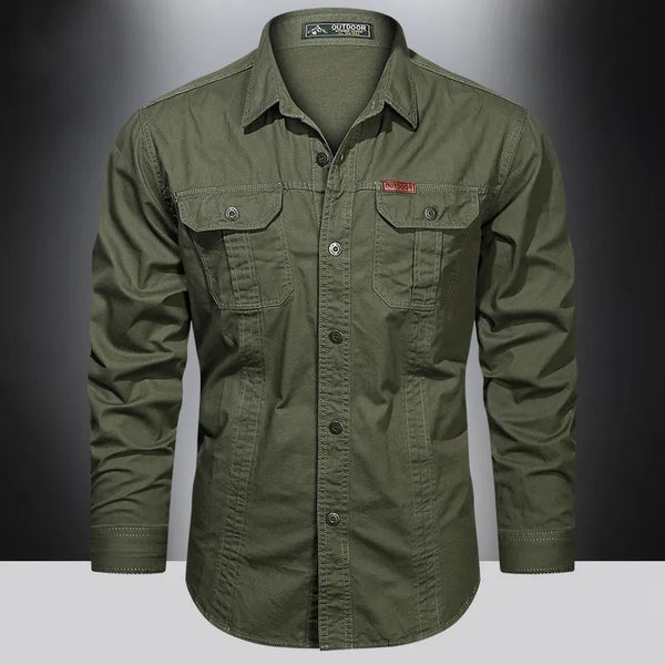 New Autumn Military Style Cotton Pocket Shirt for Men Solid Color Slim