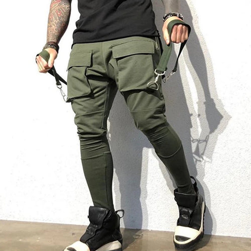 Sports Running Pants Men Fashion Lace-up Patch Pockets Slim Fit Cargo